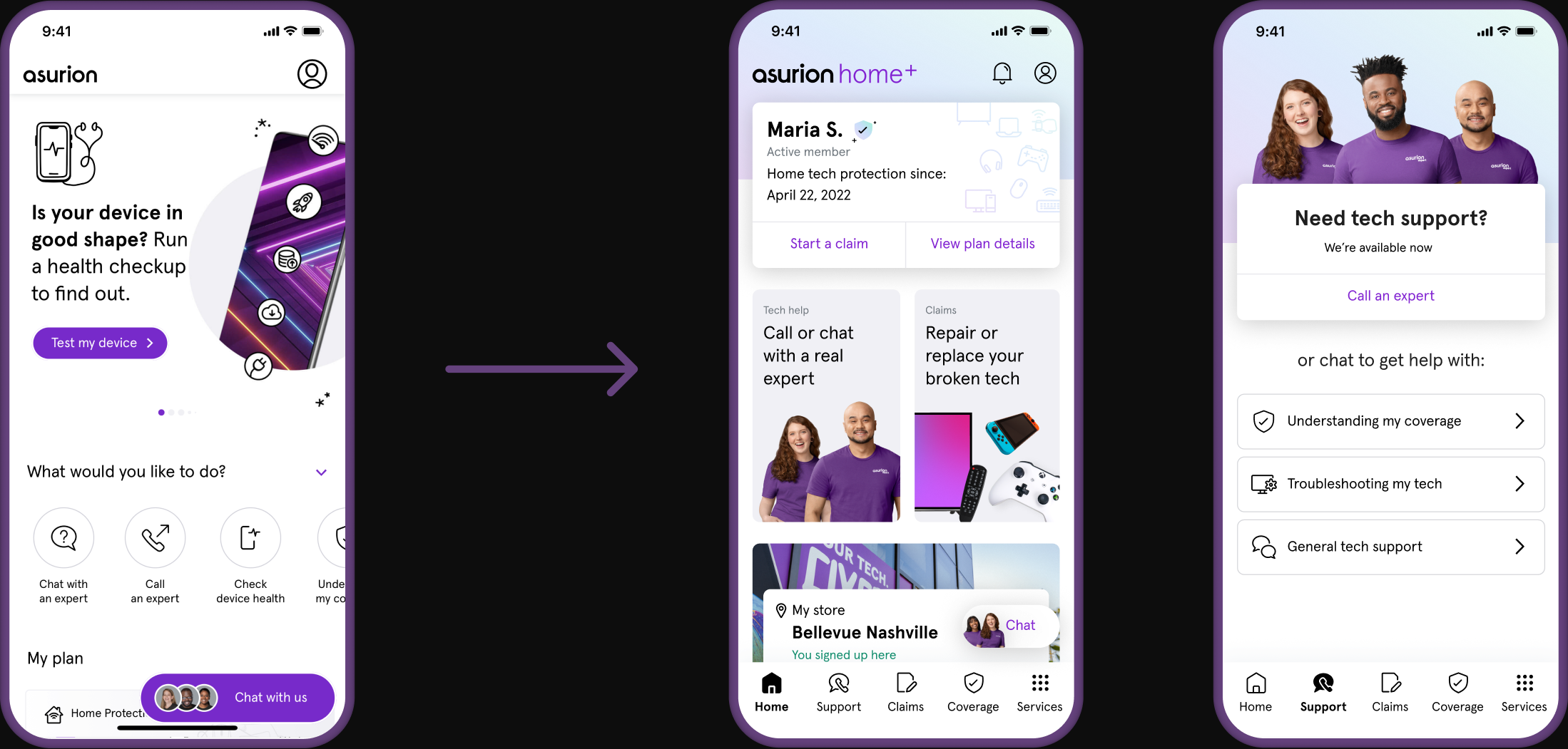 The redesigned Home, device health, and Support screens