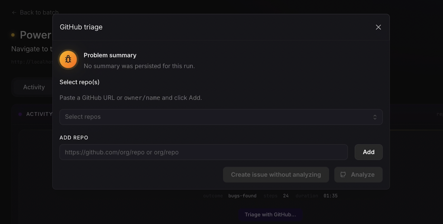 Triaging a surfaced bug straight to GitHub